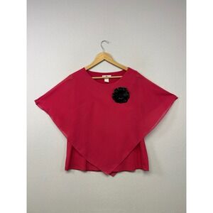 Romantic Chiffon SuperLine Women 1XL Pink Floral Applique Layered Poncho Blouse